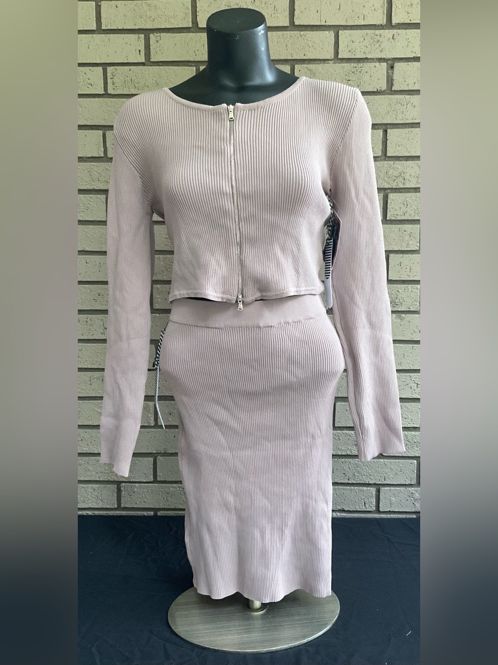 Ribbed Knit Two-Piece Skirt Set in Light Mauve